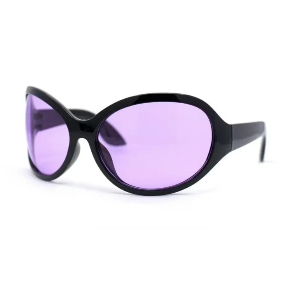 Mens Oversized Bug Eye Sunglasses Black Frame Purple Tinted Lens Cyber Y2K Wrap
